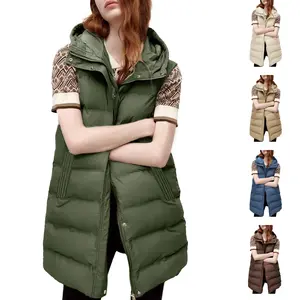 Molitree Women's Long Puffer Vest Cotton Sleeveless Puffy Jacket with Removable Hood - Casual Mid-Length Quilted Gilet with Side Pockets & Full Zip