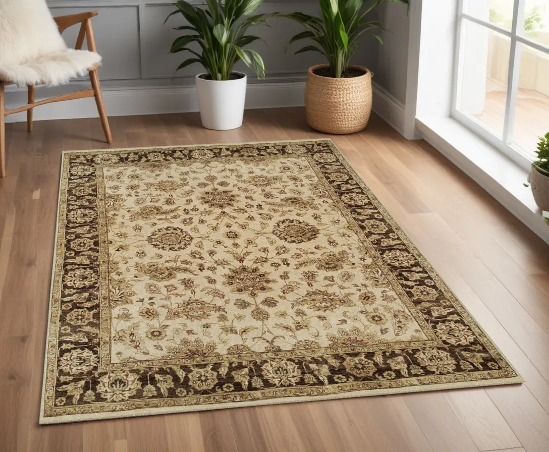 HomeRoots 565513 4x6 ft. Wool Oriental Hand-Knotted Rectangular Area Rug - Ivory, Brown & Gold, Classic, Traditional, Stainproof Wool Area Rug, Classic Area Rugs, Rectangular Area Rugs