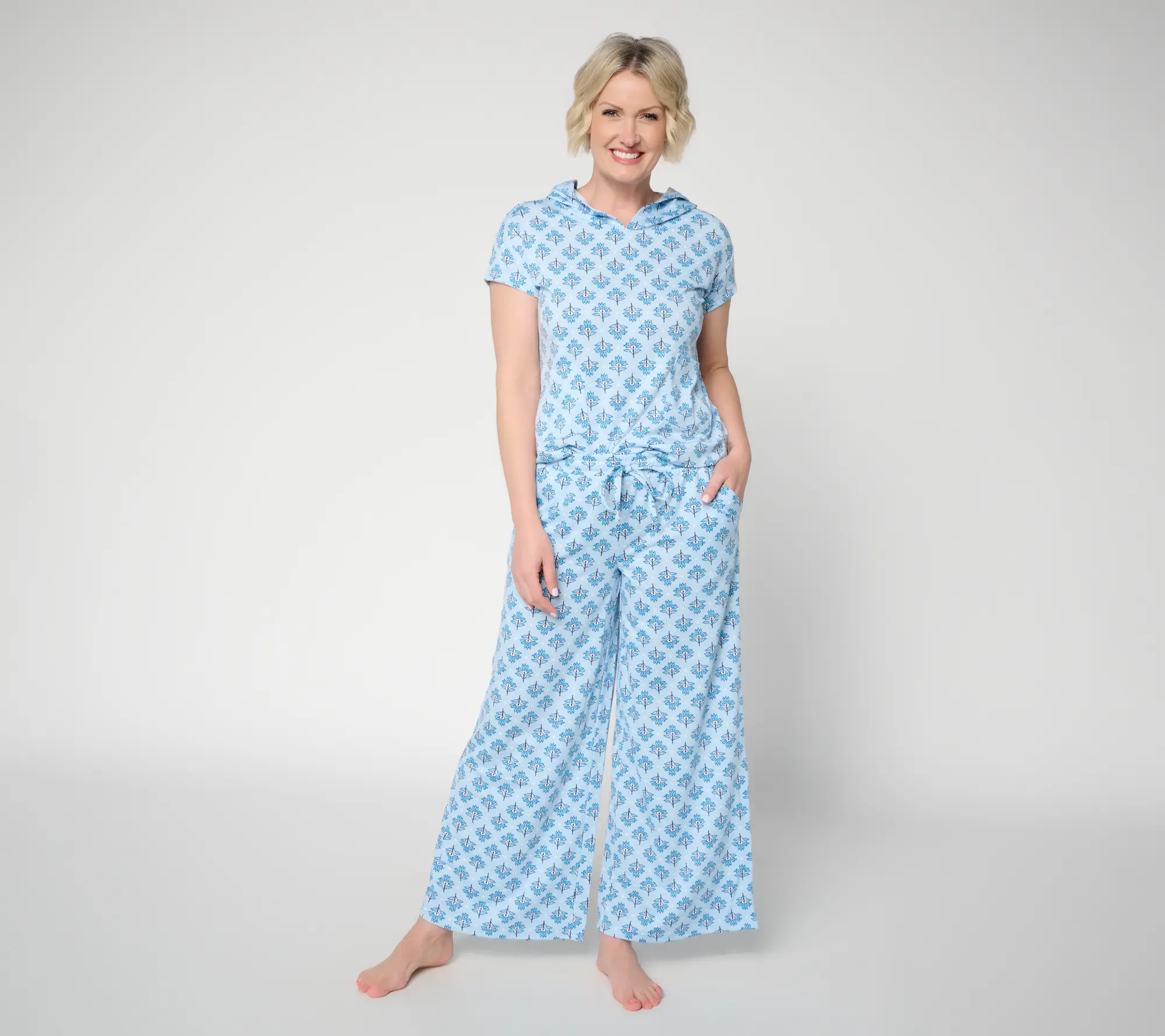 MUK LUKS Petite French Terry Hooded Top & Wide Leg Pant Lounge Set