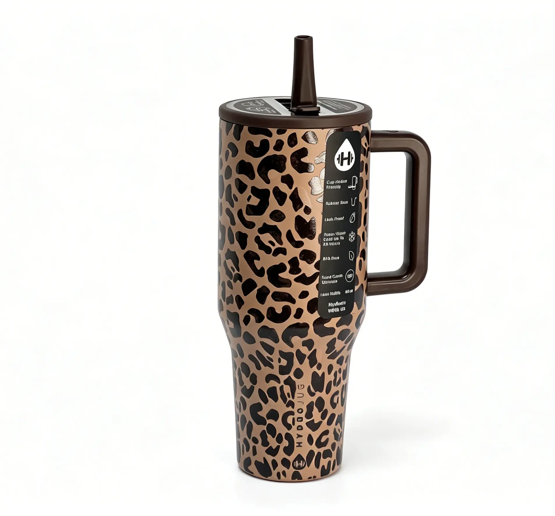 HydroJug 40oz (1,000-2,000 ml) Stylish Insulated Stainless Steel Tumbler - Brown Leopard Print, Leakproof Leak Resistant, Cup Holder Friendly, Handy Handle, Straw, BPA-Free Adults' Kitchenware Drinkware Vacuum Flask (7-12 Hrs Temp Retention), Insulated Wa