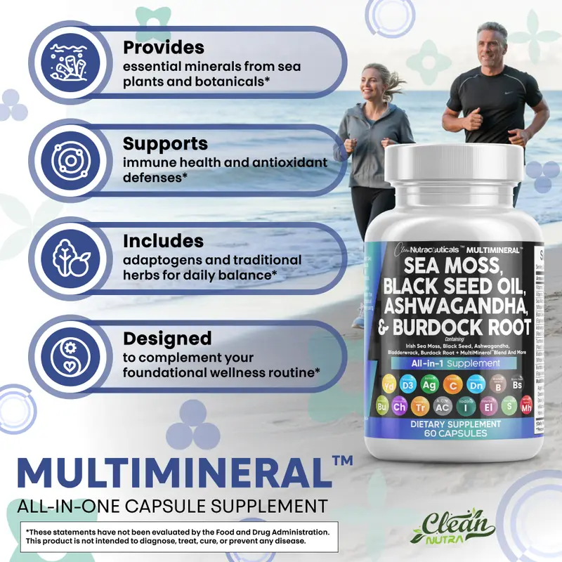 Clean Nutraceuticals Sea Moss, Black Seed Oil, Ashwagandha, Turmeric, Bladderwrack, Burdock, Vitamin C, Vitamin D3 with Elderberry Manuka Supplement Capsules – MultiMineral 4