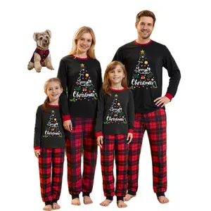 Family-friendly Christmas pajamas, cute long-sleeve soft couple sleepwear, Christmas tree print top, red checked pants, fun Christmas set GARMENTARY