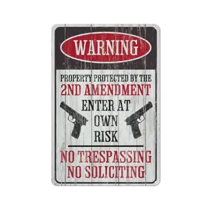 Vintage 2nd Amendment Property Warning Sign No Trespassing No Soliciting Funny Hilarious 8x12in Metal Sign for Yard Porch Perfect Decoration for Garage Men Cave Front Gate Door wall decor iron wall art outdoorfun