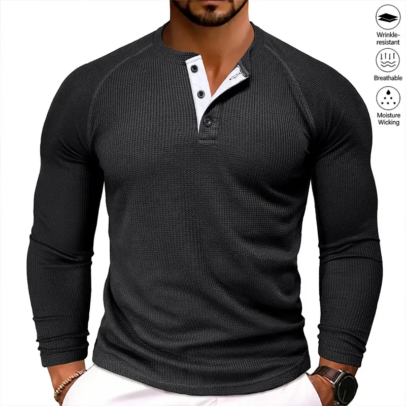 Clean Gent men’s solid-color casual muscle shirt, slim-fit T-shirt, long-sleeve gym workout top for men, everyday menswear, available in multiple colors, button front design, fashionable clothing, Father’s Day gift