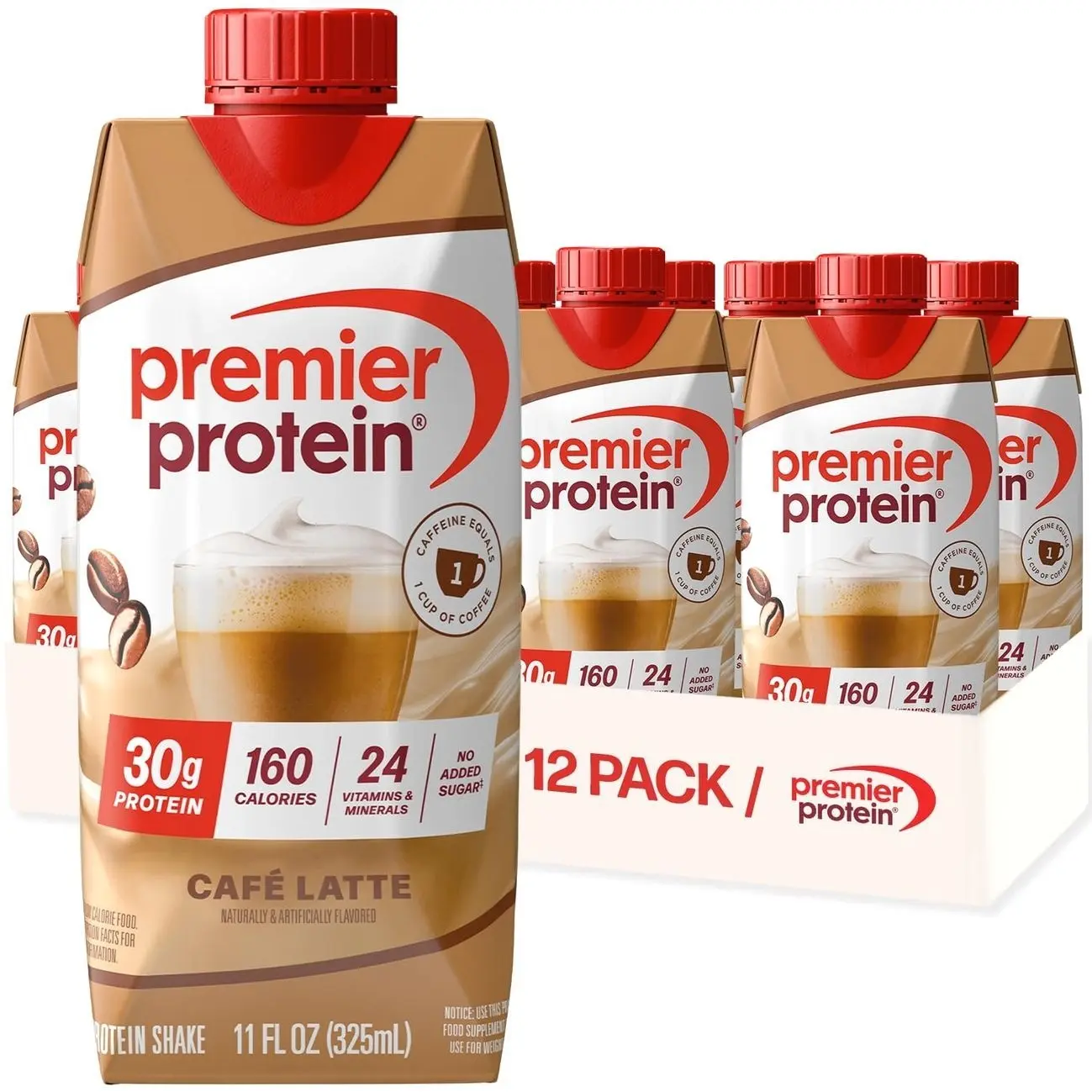 Energy 30g High Protein Shake , Café Latte, 12 Pack | Caffeinated, 160 Calories, 24 Vitamins & Minerals, No Added Sugar, Supports Muscle Health, Gluten-Free, 11 oz