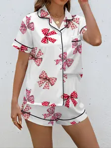 Women's 2-Piece Pajama Set, Bowknot Print, Holiday Gift, Soft Shirt Collar Top & Elastic Shorts, Casual Home Wear, Loungewear, Pjs