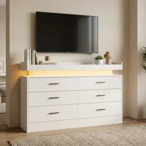 TV Stand Cabinet with Led Lights & Charging Station, Coffee Bar Cabinet Floating Countertop, Modern Sideboard Table 6 Drawers for Home, 47.24" w*15.75" d*31.5" h, White
