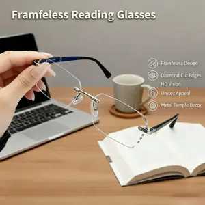 Spring Statement Frameless Glasses - Blue Light Blocking Clear Lens Reading Glasses for Women Men, Diamond Edge Metal Temple Decor for Computer Gaming Daily Street Style