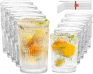 10 count  Drinking Glasses - Romantic Highball Glasses & Rocks Glasses, Striped Glass Tumbler Cups for Water Coffee Juice , Luxurious Floral Embossed Clear Glassware Set