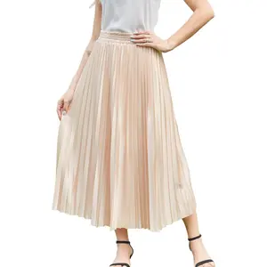 Women's High-Waisted Pleated A-Line Midi Skirt - Lady's Elegant Flowy Elastic Waist Lightweight Bottom for Summer Casual & Work Occasions