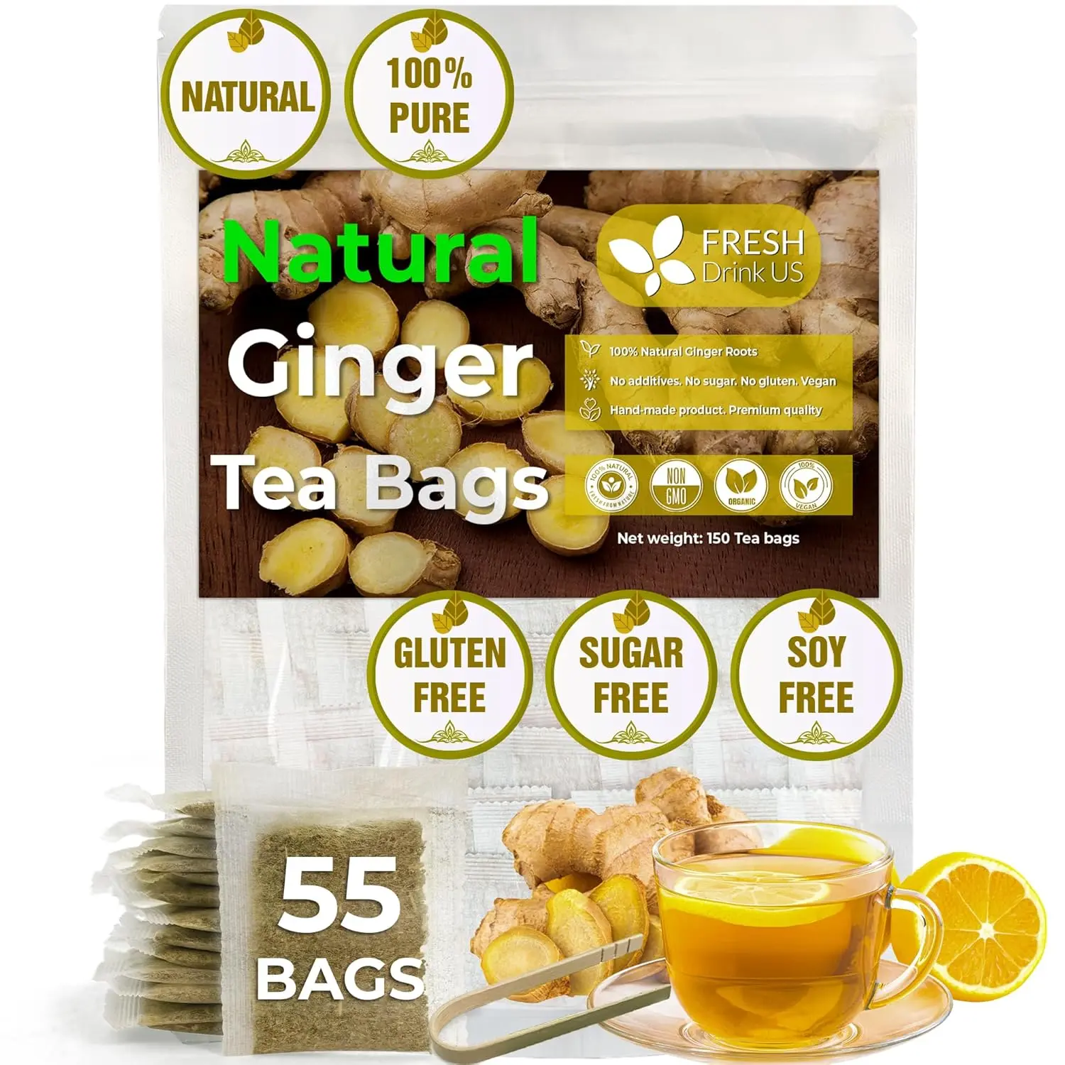 FRESHDRINKUS 55 Ginger Tea Bags, 100% Natural & Pure Herbal Tea, No Sugar, Caffeine, Gluten, Vegan