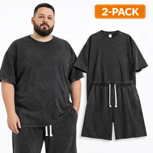 2 Pack Oversized T-Shirt & Shorts Set for Men Gym Vintage Heavyweight Cotton Workout Acid Wash Baggy Streetwear 2-Piece Outfit