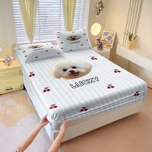 3Pcs Soft Cute Cat Dog Head Fitted Sheet Set, Playful Healing Design, Durable Wrinkle Resistant Perfect Fit, Perfect for Pet Lovers Bedroom Use