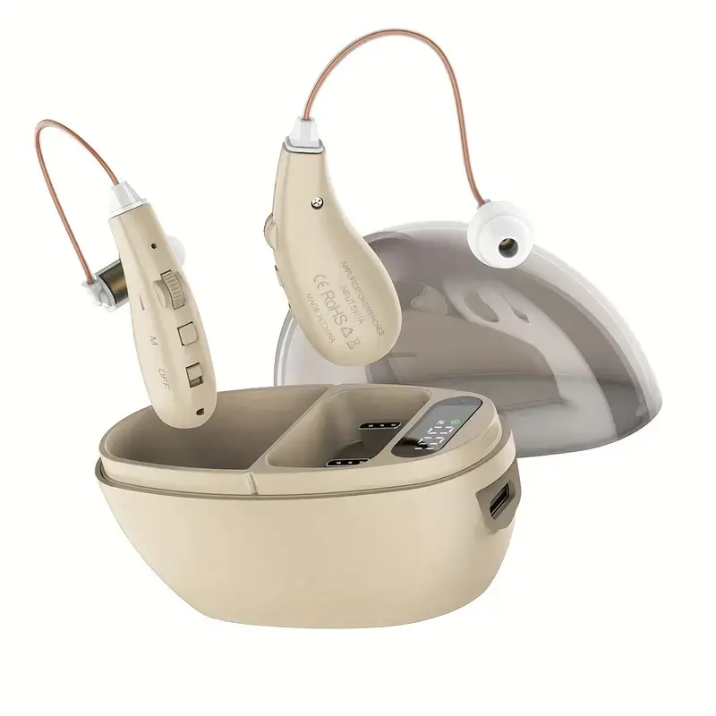 Omhealth Rechargeable Personal Sound Amplifier, Lightweight BTE Ear Sound Enhancer with Charging Case & Noise Reduction, Skin Color