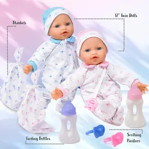 12" Twin Dolls-Doll D5008 & Doll D5009 With Blue And Pink Baby Bottle Pacifier & Blanket