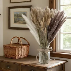 Dried Flower Bouquet Set - Boho Elegance with 15 Small Natural Pampas 50 Bunny Tails 15 White Pampas 20 Snowgrass for Home Hotel Office Weddings Parties Tabletop Displays