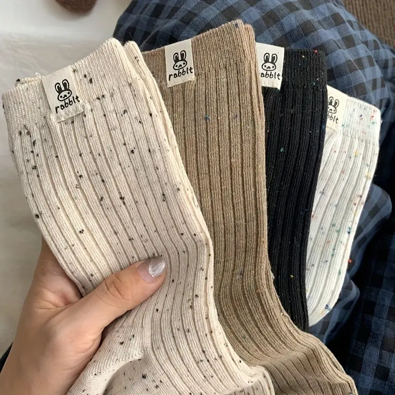4/8 Pairs Vintage Casual Solid Dot Yarn Comfortable Breathable Sweat Wicking Mid-tube Pile Socks Womenswear