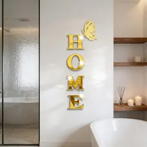 5PC, Golden HOME with butterfly acrylic mirror wall sticker, Ornaments, Versatile Placement, suitable for home decoration, living room, bathroom, bedroom, DIY detachable wall sticker, Wall Decal