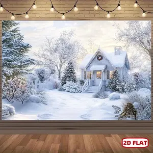 1pc 2D Flat Festive Christmas Snowscape Backdrop - Cozy Cabin with Snow-Covered Pine Trees, Warm Lights, and Holiday Decor, Perfect for Photography, Parties, and Seasonal Celebrations, Polyester Material Banners