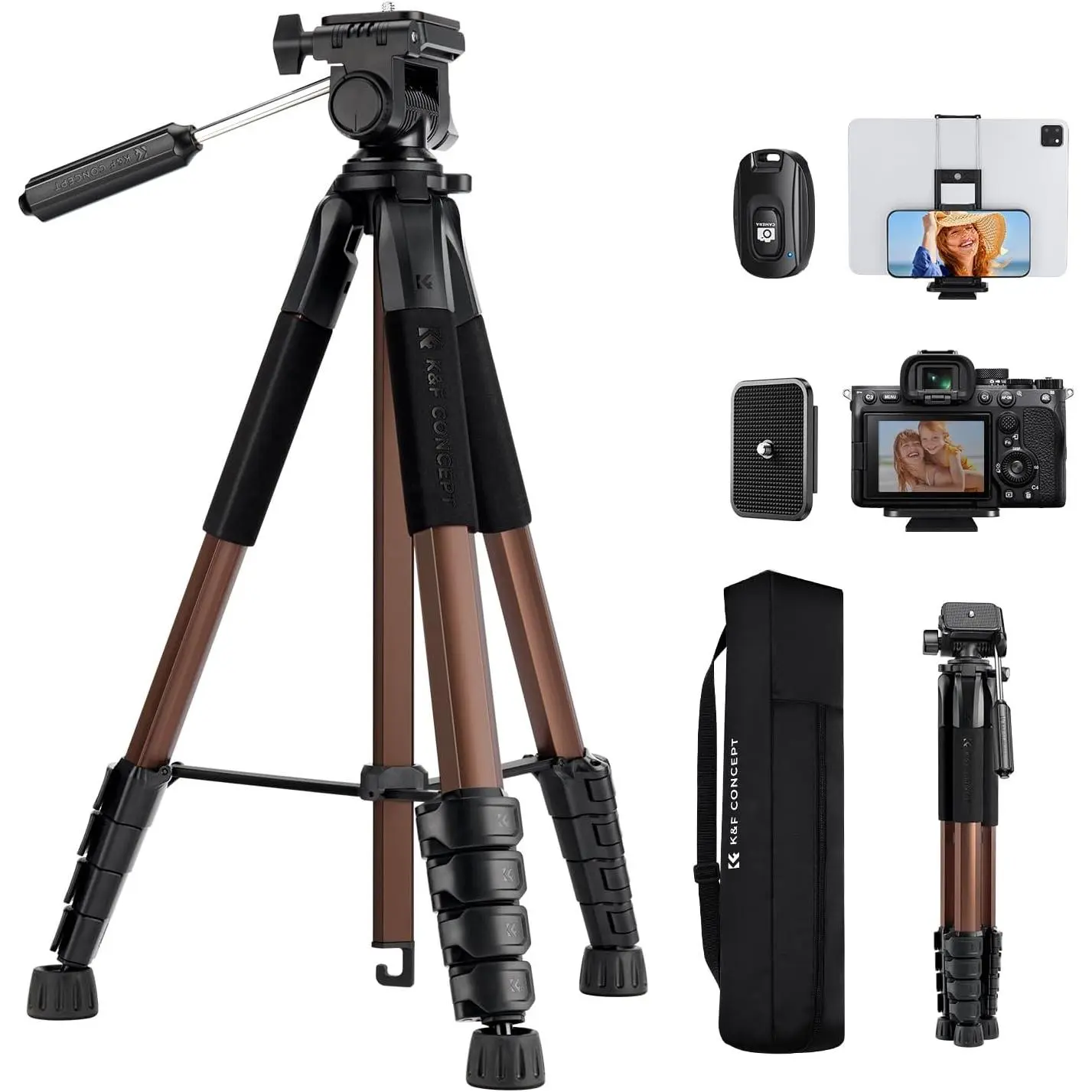 K&F CONCEPT 75" Lightweight Portable Camera Tripod, Photography Equipment with Cellphone Clip for DSLR, Smartphone Video Recording, Travel Outdoor Vlogging