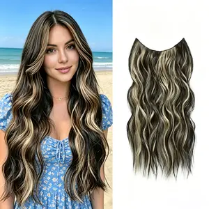 Plodon 16/20/24 Inch One-Piece Hair Extensions, 5 Safety Clips Secure Fit, Black, Black-Gold & Ash-Gold, Curly Body with Glue-Free Lace Closure & Straight Ends, Heat-Styleable, Easy to Manage Wireless Wearable Crimped Wavy Hairpieces, Long Extensiones.
