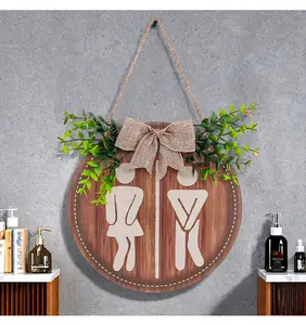Bathroom Front Door Sign Funny Wreaths Hanging Wooden Plaque Decoration Round Rustic Farmhouse Wall Art Decor for Home Porch Bathroom 9x9 Inch