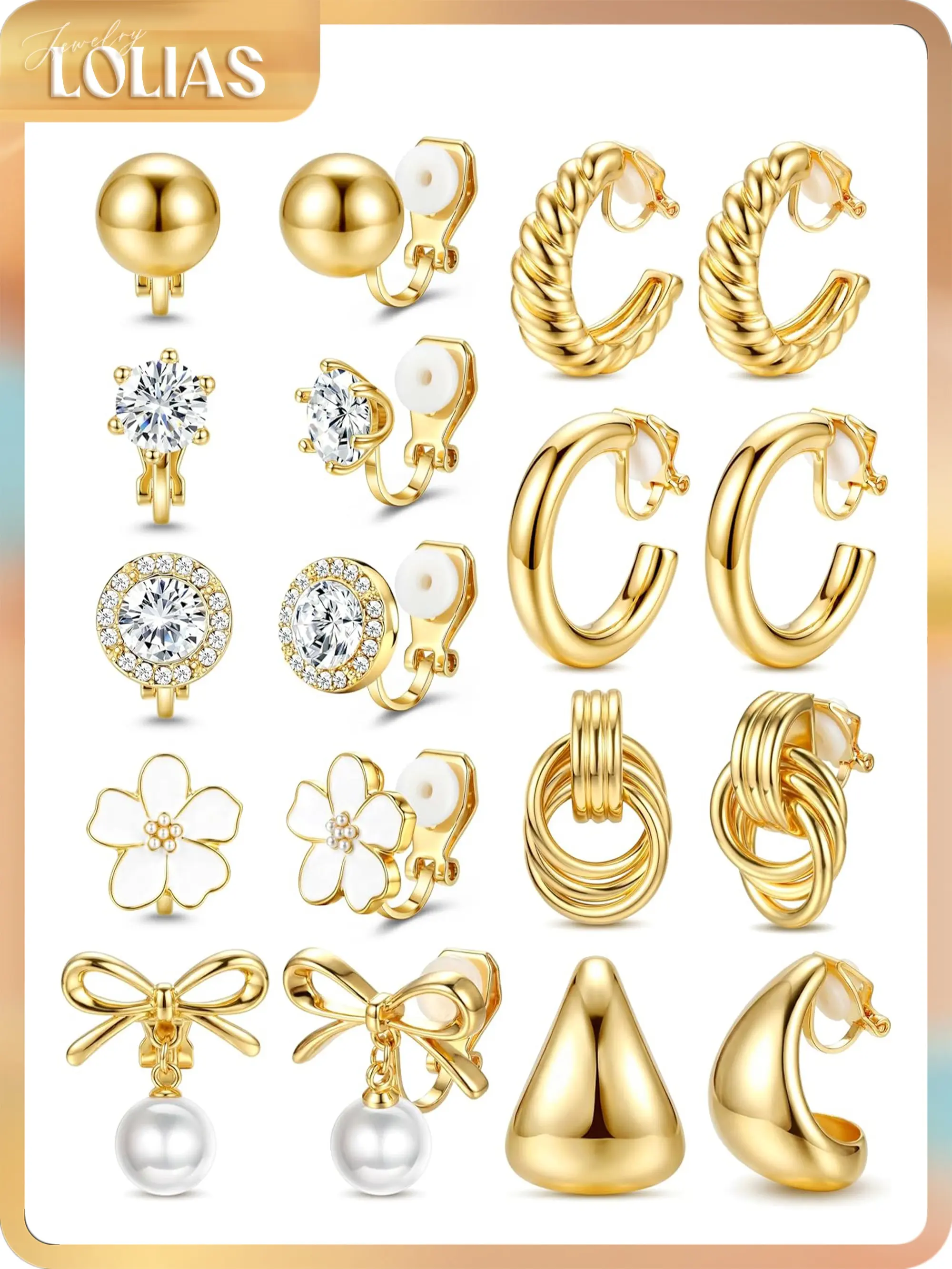 LOLIAS Clip On Earrings for Women 14K Gold Plated Clip Earrings Non Pierced Ears Clips CZ Pearl Knot Twist Chunky Hoop and Studs Earring Set Hypoallergenic Fake Earings Jewelry