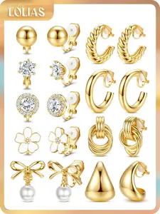 LOLIAS Clip On Earrings for Women 14K Gold Plated Clip Earrings Non Pierced Ears Clips CZ Pearl Knot Twist Chunky Hoop and Studs Earring Set Hypoallergenic Fake Earings Jewelry