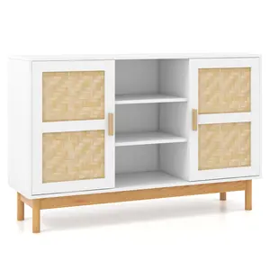 COSTWAY - 48 Inch Sideboard Buffet Cabinet Floor Storage Cabinet with 2 Bamboo Woven Doors-White