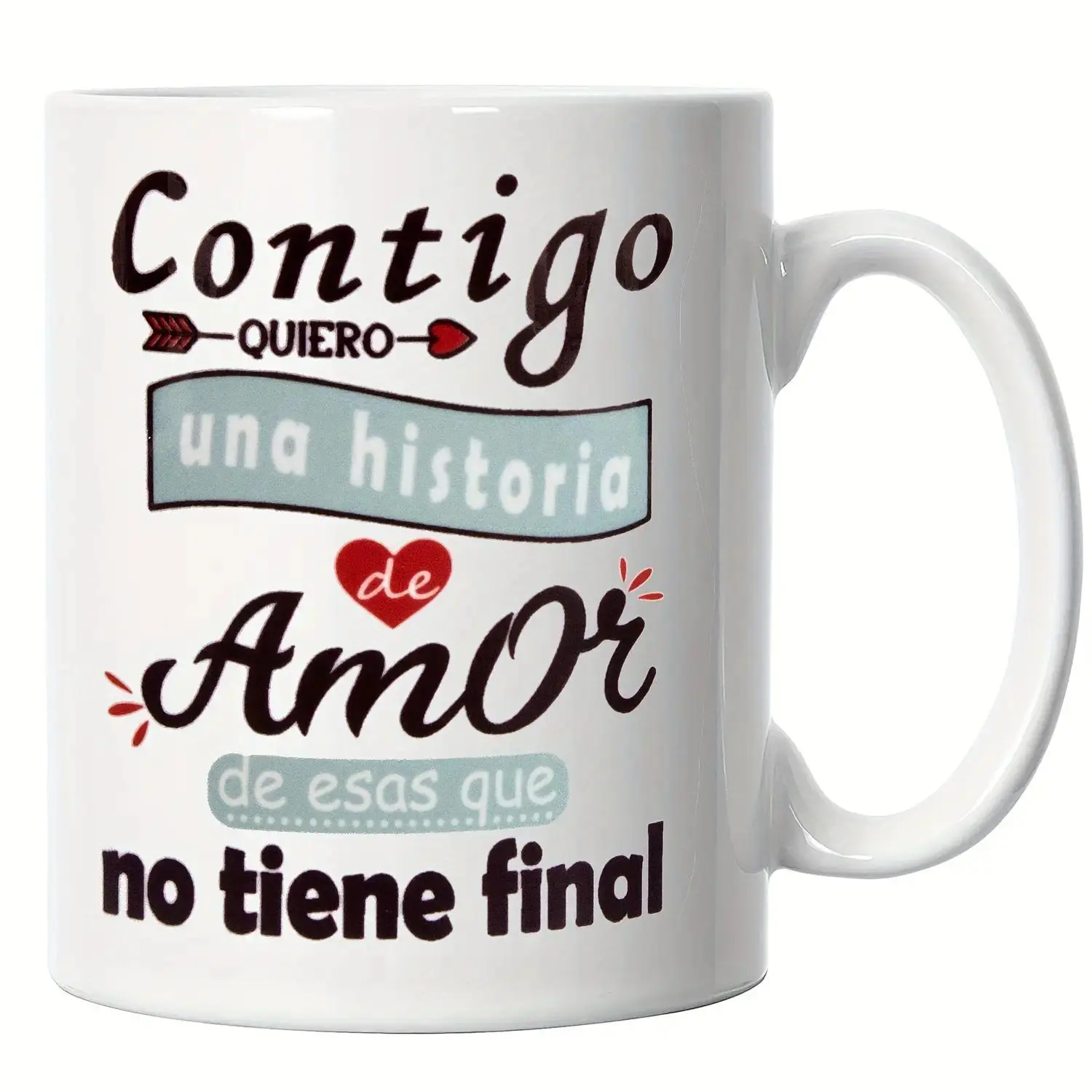 Romantic Ceramic Coffee & Tea Mug - 11oz Durable Drink Cup with "Contigo Quiero Una Historia De Amor" Love Message, Reuse-Friendly for Home & Office, Perfect Valentine's Day Gift, Letters