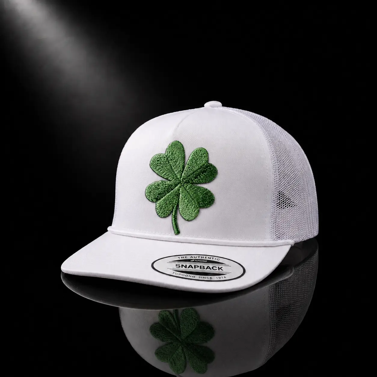 “Lucky Clover Embroidered Trucker Hat – Green Shamrock Streetwear Snapback Cap, Minimal Aesthetic Unisex Good Luck Hat”