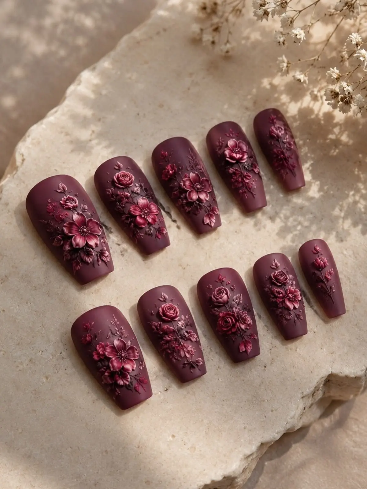 Handmade Long Coffin Press-On Nails  3D Sculpted Matte Burgundy Floral Fake Nails  Reusable Luxury Dark Romantic Rose Nail Box