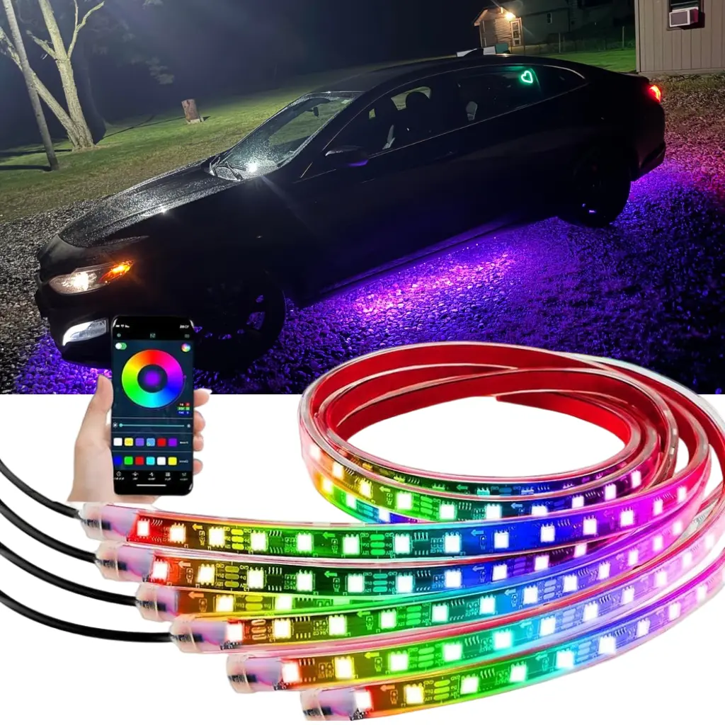 6 Pcs Car Underglow Lights RGB Dream Color Chasing LED Strip Lights APP Control 12V Flexible Waterproof Underbody Light Kit