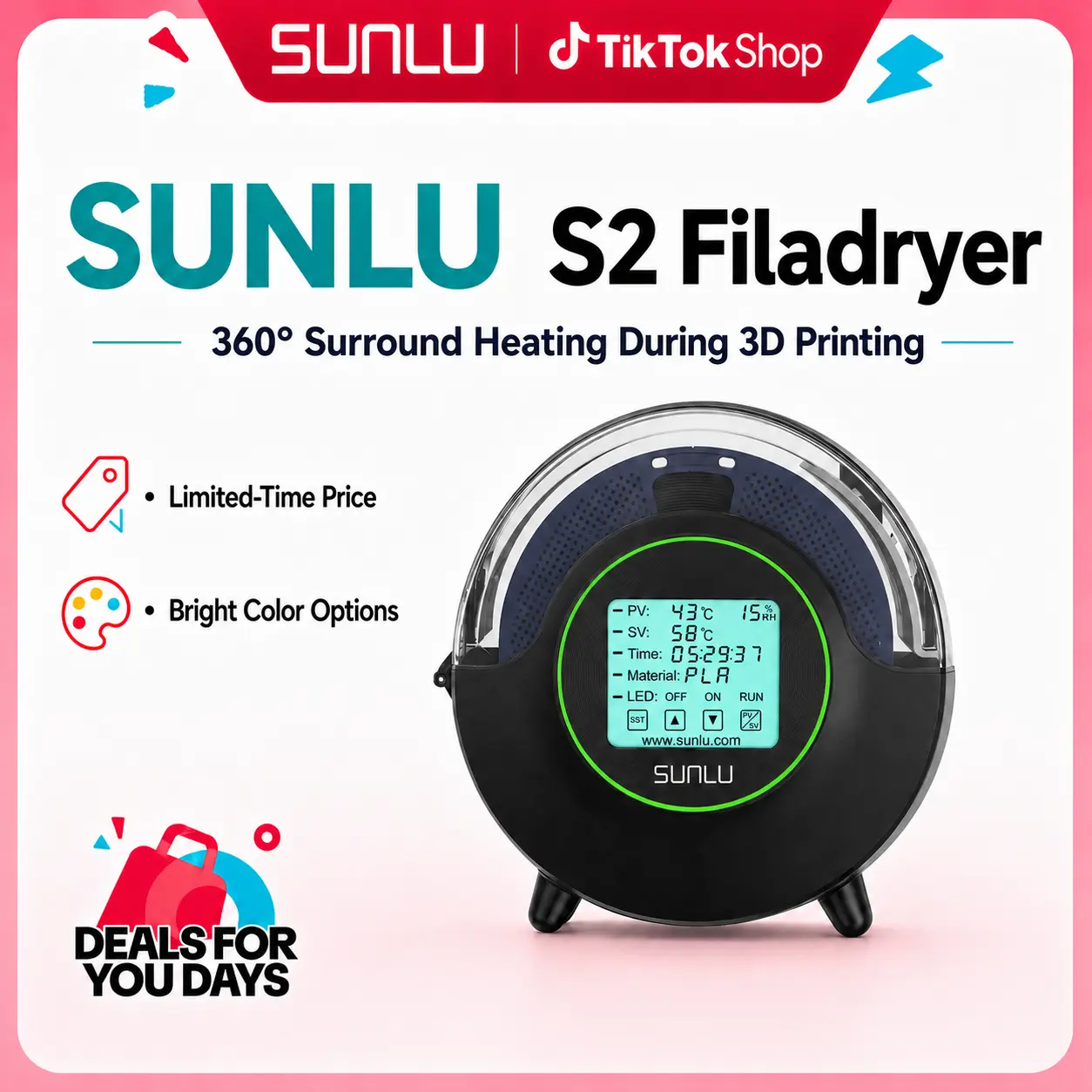 SUNLU S2 Black 3D Printer Filament Dryer - 360° Surround Heating Function, Fused Deposition Modeling 3D Printing Supply for Computers & Office Equipment (1 Set), Fused Deposition Modeling 3D Printing Supplies
