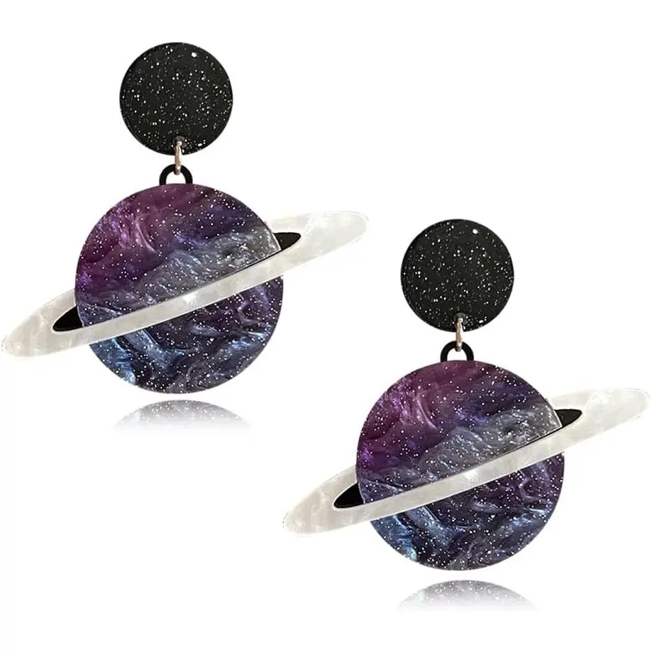 Women's Unique Handmade Nickel-Free Alloy Acrylic Planet Space Drop Earrings - Lightweight Elegant Female Costume Jewelry for Gifting, Evening, Daily Wearing