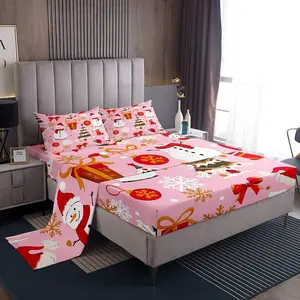 Pink Christmas Bed Sheets,Kawaii Christmas Tree Sheet Set,Winter Magic Snowflake Fitted Sheet,Cute Snowman Bedroom Decor Flat Sheet