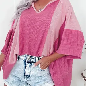 Women's Bright Pink Textured Colorblock 3/4 Sleeve Oversize Top