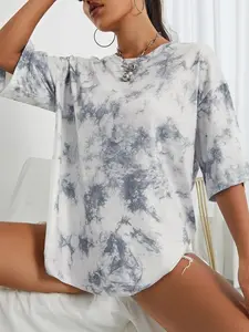 Plus Size Women's Casual Short Sleeve Round Neck Tie Dye T-Shirt, Soft Comfortable Fabric, Loose Fit Street Style Summer Top, Streetwear
