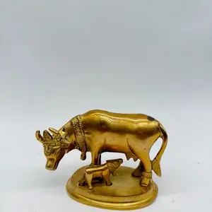Nandi and Krishna Cow Figurine - Gold Finish, Handcrafted, Ideal for Home Decor and Spiritual Use