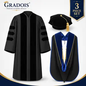 Deluxe Doctoral Graduation Gown with Doctoral Hood and 8-Sided Tam, Gold Piping Doctoral Regalia Set