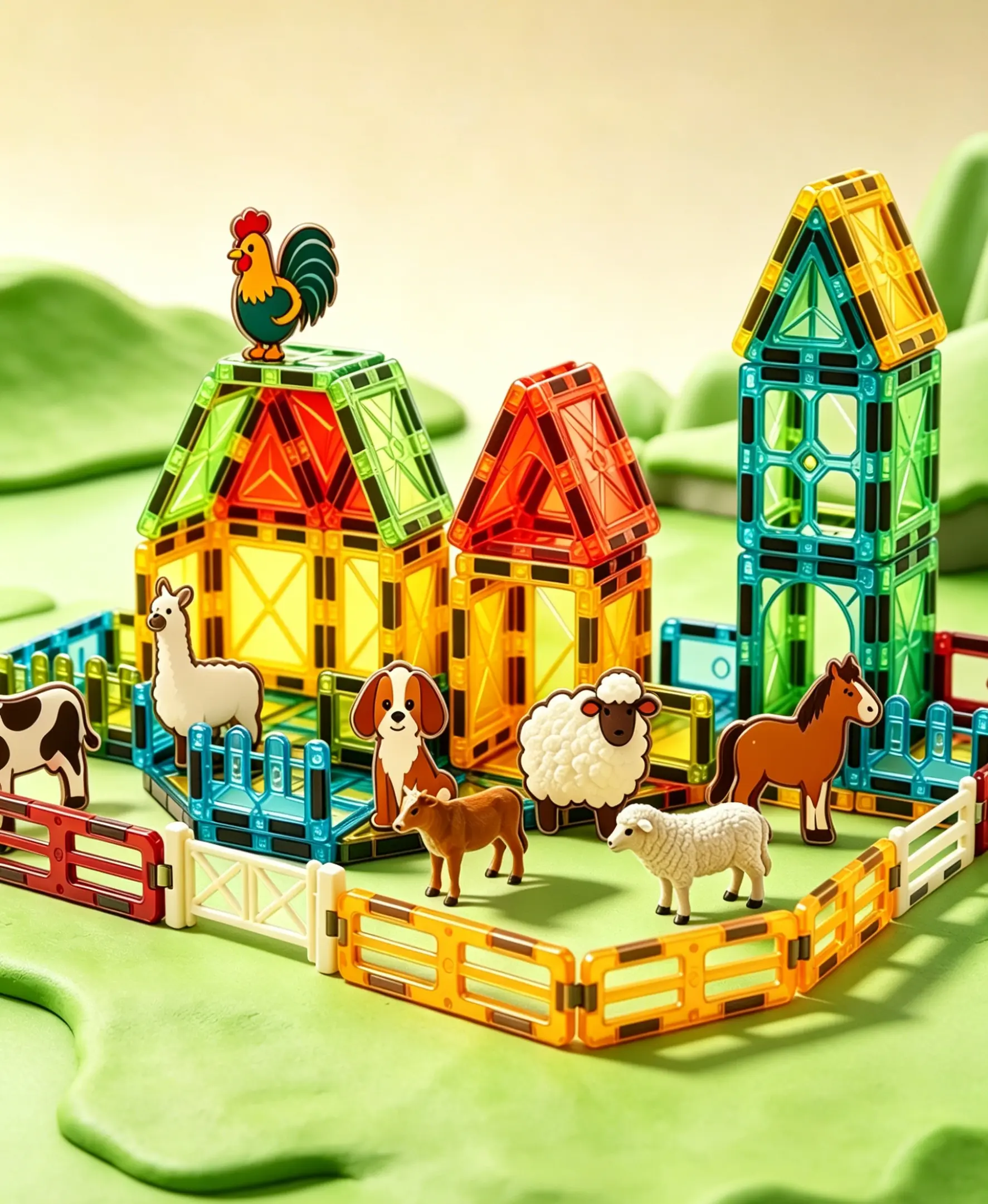 Mini Magnetic Tiles Farm Set, 70 37PCS Magnetic Building Blocks with Farm Animals & Wheelbarrow - STEM Educational Building Toys for Kids 3＋, Creative Construction Play for Toddlers, Perfect Birthday & Holiday Gift