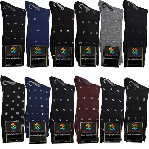 USBingoshop 12 Pack Men's Cotton Argyle Striped Solid Ribbed Black Crew Dress Socks Superior Quality Fashion Wedding Business Casual Elegant Stylish Formal Socks for Men