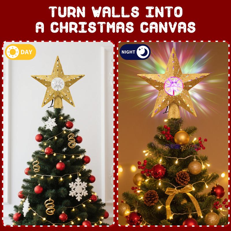 Golden Rotating Christmas Tree Topper with RGB LED Lights, 360° Spinning Diamond & Projection, Festive Tree Decoration with Power, Christmas Tree Topper with Lights, Christmas Decorations for Home Indoor, Candyland Christmas Tree Decorations