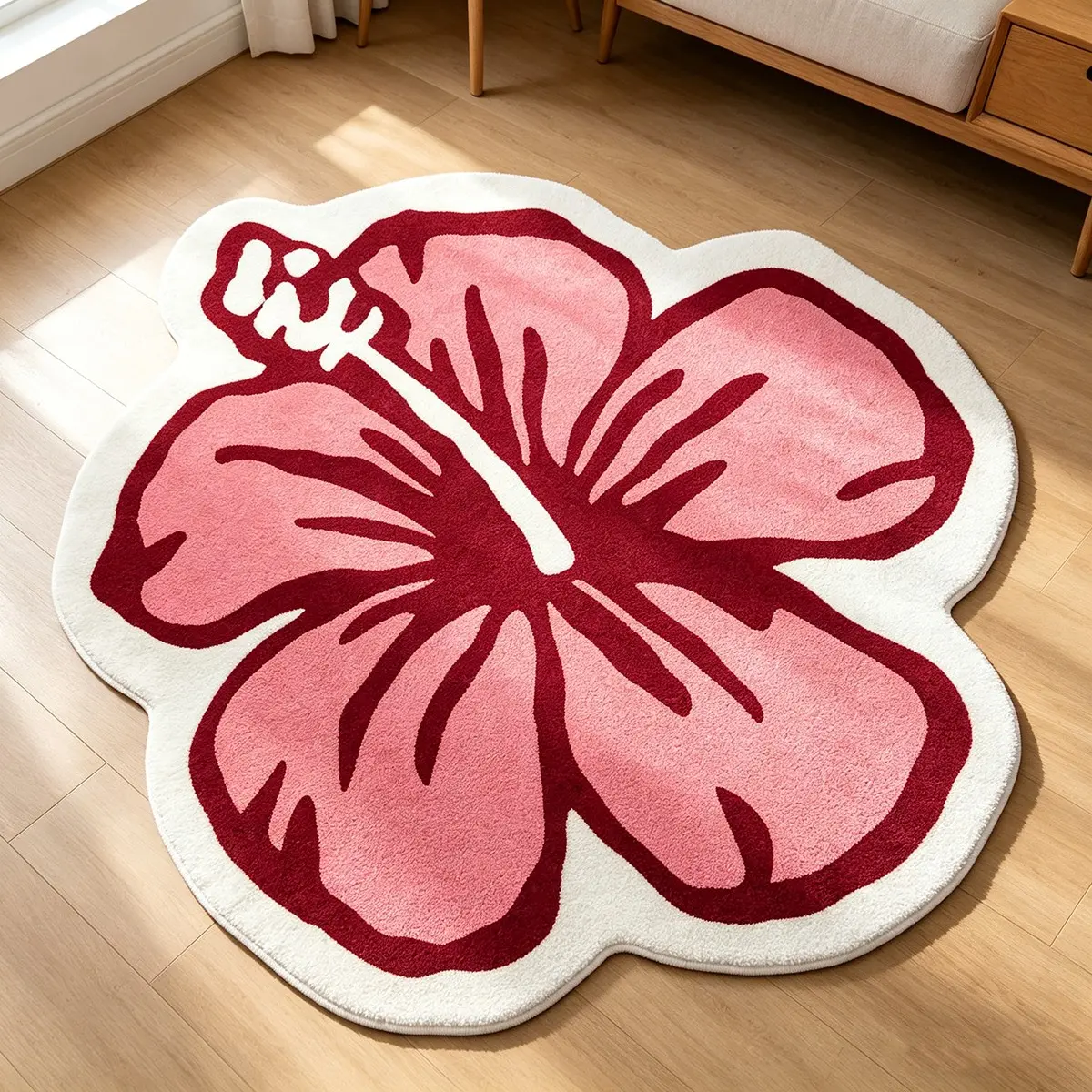 Hibiscus Shape Carpet, Bohemian Bedroom Bedside Rug, French Vintage Living Room Sofa Mat, Non-Slip Durable Balcony Decor Rug, Washable Island Style Entrance Mat, Boho Floral Rug, Boho Area Rugs