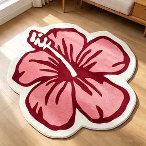 Hibiscus Shape Carpet, Bohemian Bedroom Bedside Rug, French Vintage Living Room Sofa Mat, Non-Slip Durable Balcony Decor Rug, Washable Island Style Entrance Mat