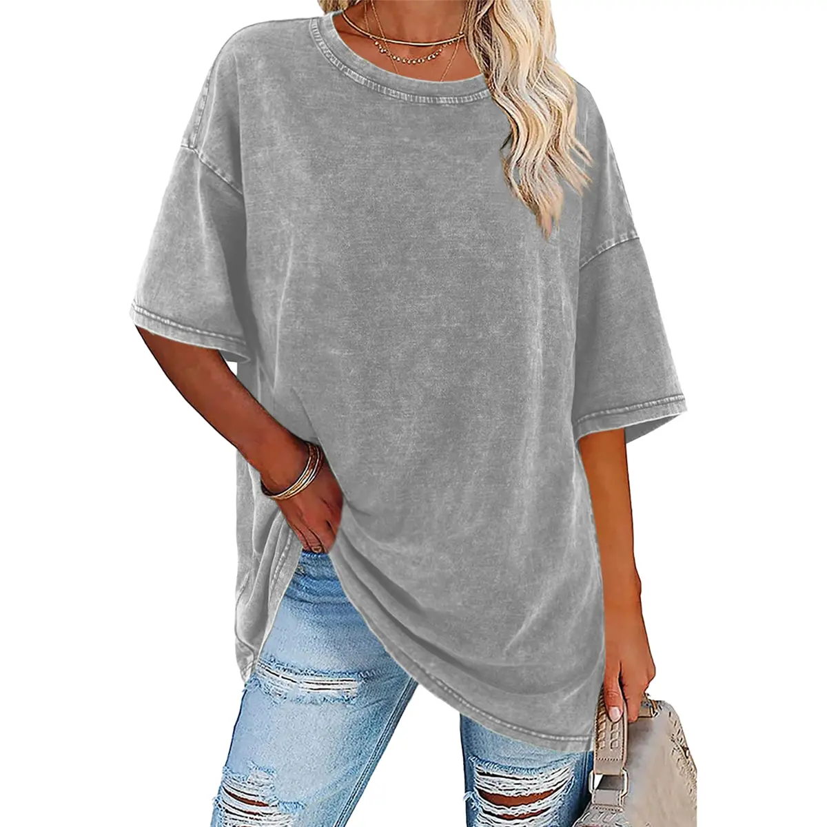 Men's Vintage Soft Round Neck Cotton Tshirt - JeansFly Oversized Short-Sleeve Fashion Streetwear Top, Unisex Retro Acid Washed Loose-Fit Fabric Tunic, Casual Plain Pullover for Pants Pairing