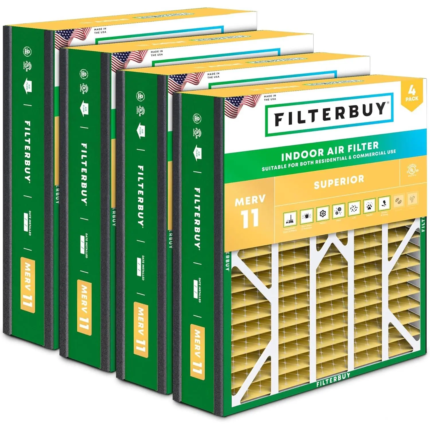Filterbuy 20x20x5 Air Filter (4-Pack), Pleated MERV 11 Allergen Defense HVAC AC Furnace Air Filters for Trion Air Bear 255649-103 & More