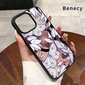Magnetic Phone Case for iPhone 16 Pro Max 15 Plus 14 13 12 11 XR E XS Moth and leaf symphony Pattern Acrylic Back TPU Edges Clear support wireless charging Bumper Cover for Girl