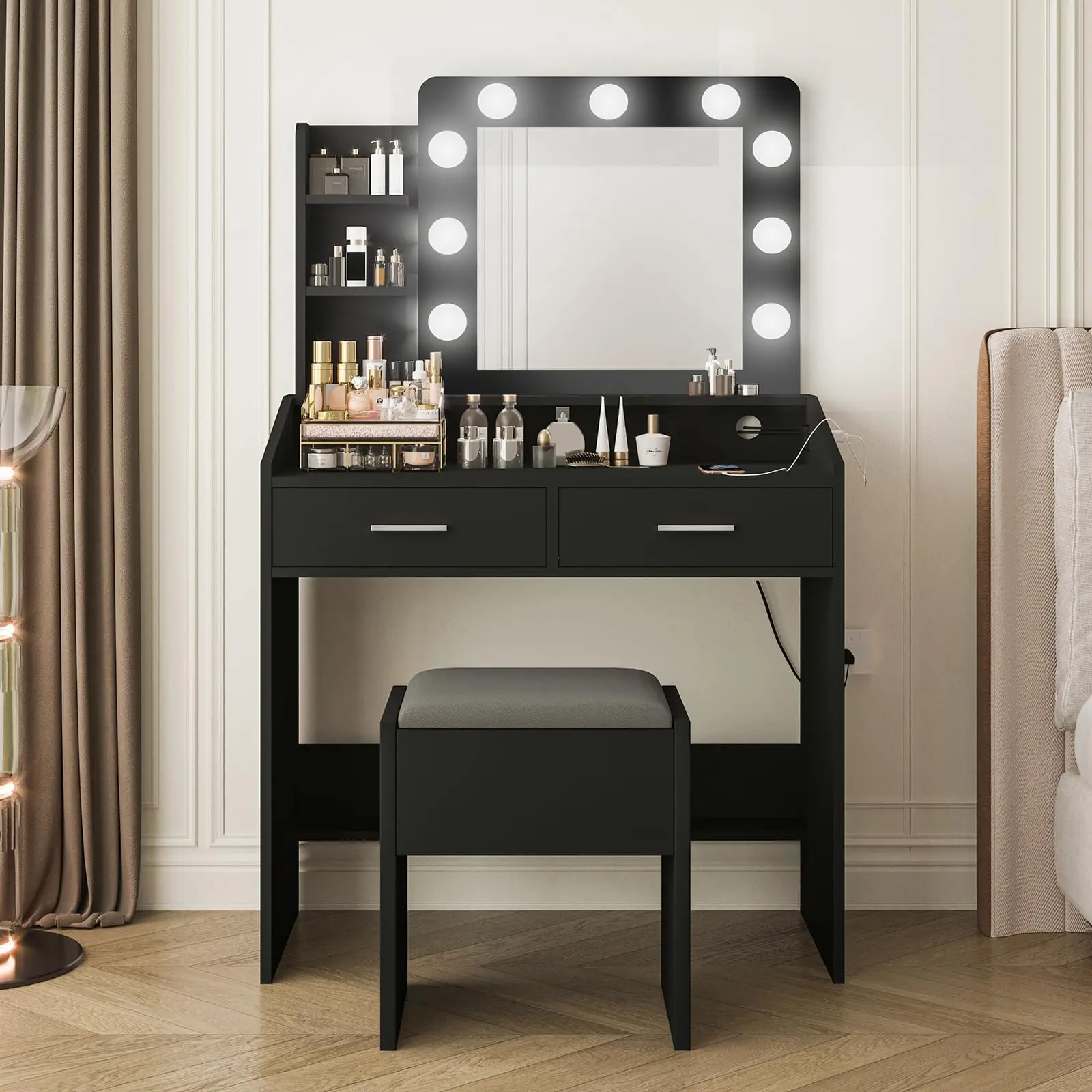 Garvee Modern Makeup Vanity Dresser (Marble Black Finish) - Adjustable Lighted Extensible Unit with Dimmable LED Lights, 7 Drawers, Built-in Charging Station, Cushioned Stool, Hairdryer Holder, Beauty Organization - Birthday Gift for Her
