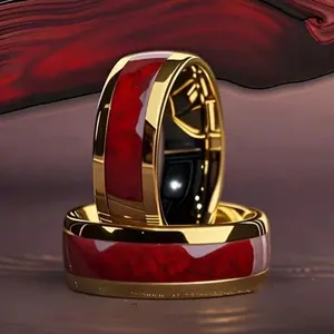 Red Garnet Pattern Stainless Steel Couple Rings, Couple Jewelry, Wedding/Engagement/Promise Gift